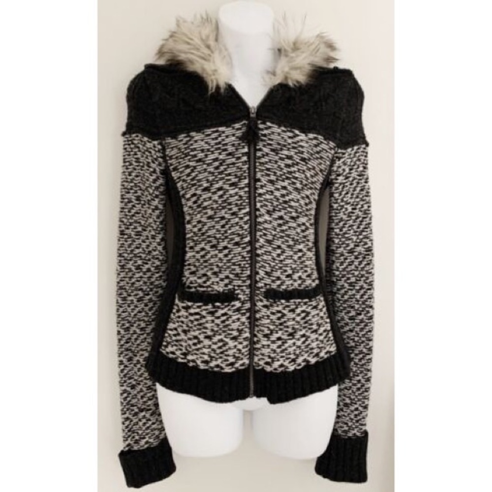 Anthropologie sweater with faux fur trimmed hood